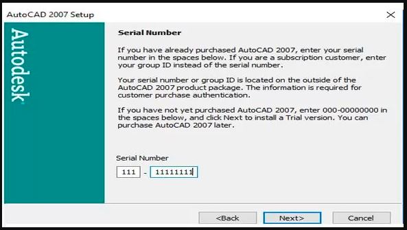 nhập key để cài đặt Autocad 2007
